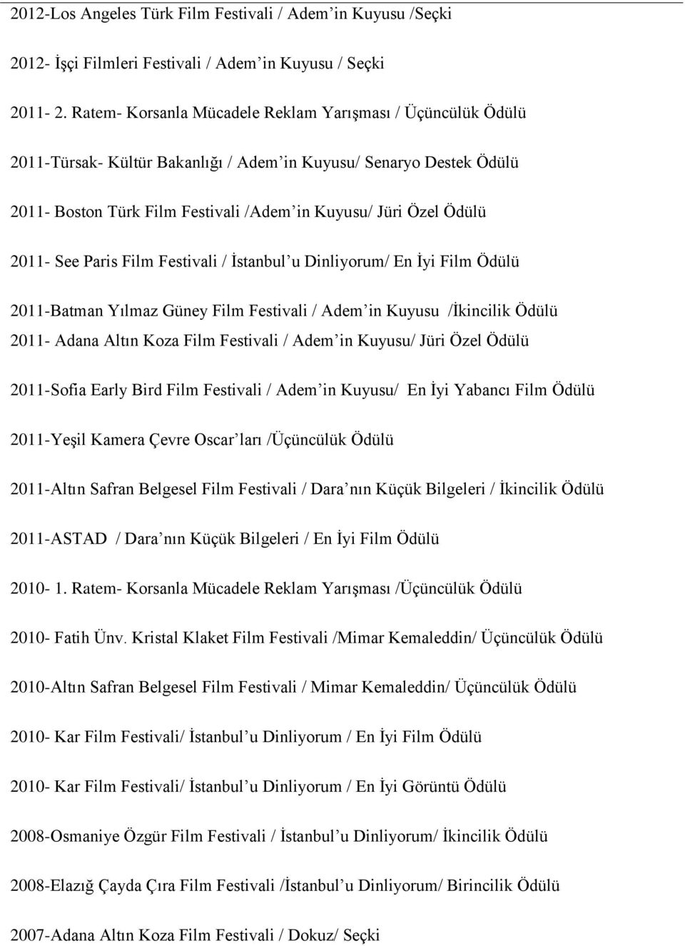 2011- See Paris Film Festivali / İstanbul u Dinliyorum/ En İyi Film Ödülü 2011-Batman Yılmaz Güney Film Festivali / Adem in Kuyusu /İkincilik Ödülü 2011- Adana Altın Koza Film Festivali / Adem in