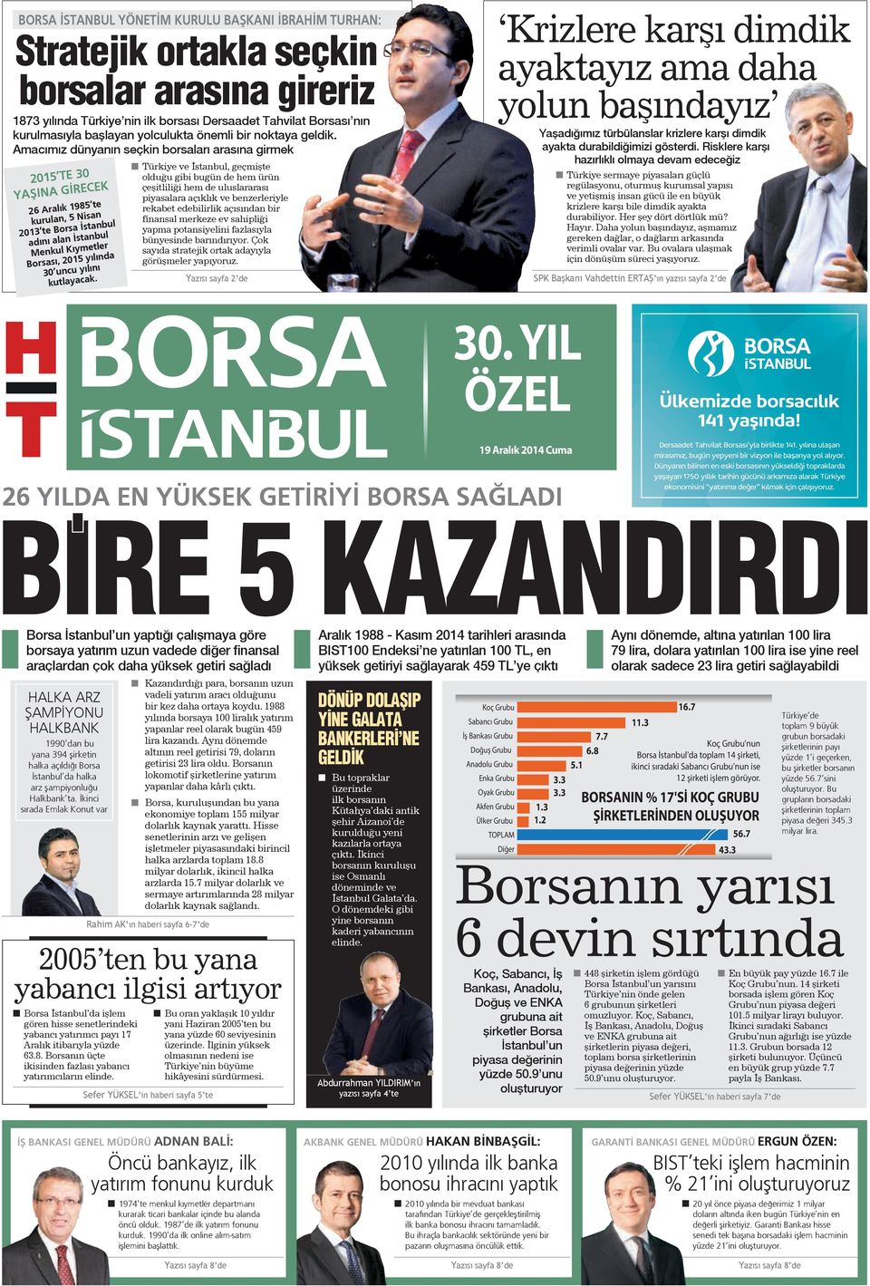 Amacımız dünyanın seçkin borsaları arasına girmek 2015 TE 30 YAŞINA GIRECEK 26 Aralık 1985 te kurulan, 5 Nisan 2013 te Borsa İstanbul adını alan İstanbul Menkul Kıymetler Borsası, 2015 yılında 30