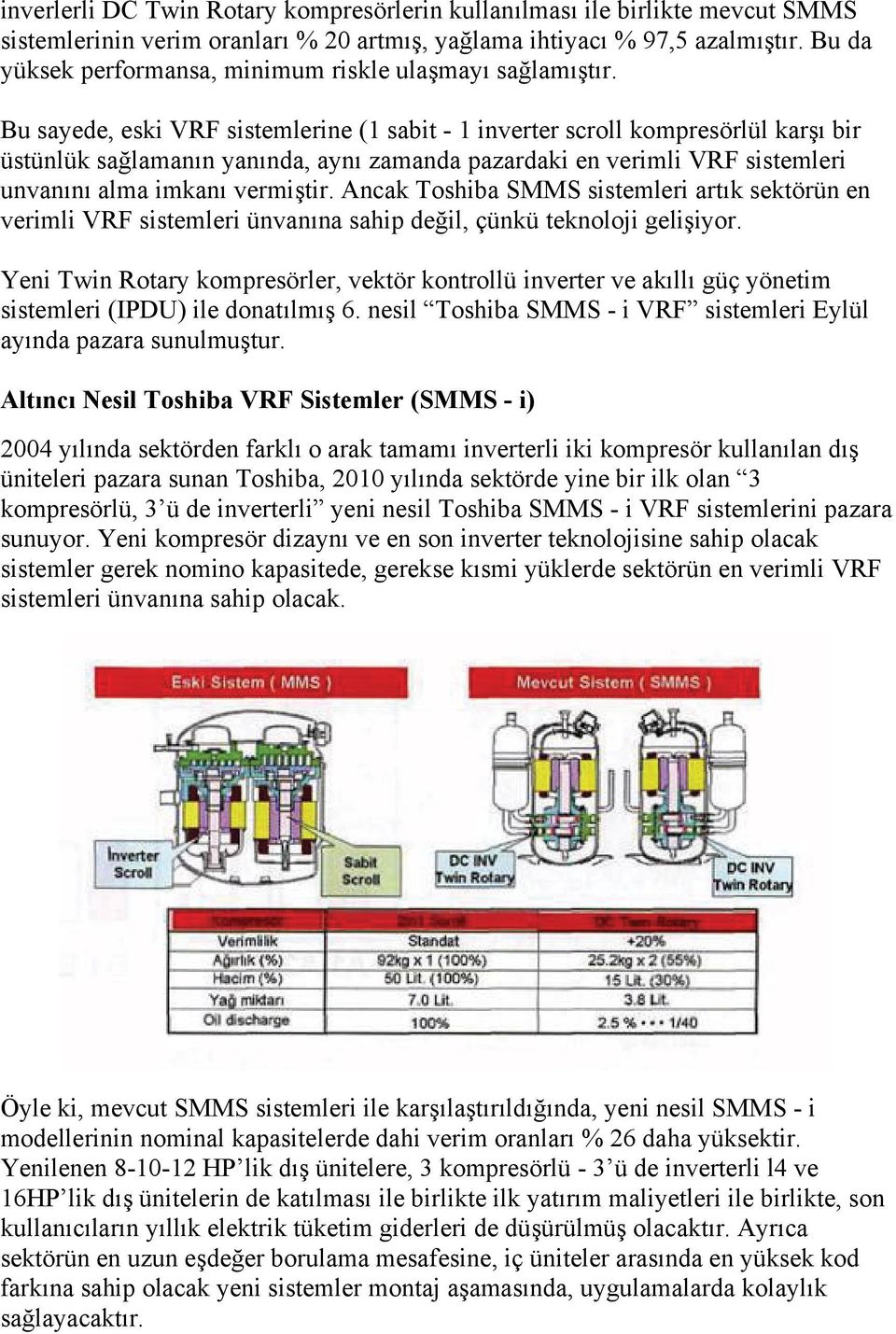 Bu sayede, eski VRF sistemlerine (1 sabit - 1 inverter scroll kompresörlül karşı bir üstünlük sağlamanın yanında, aynı zamanda pazardaki en verimli VRF sistemleri unvanını alma imkanı vermiştir.