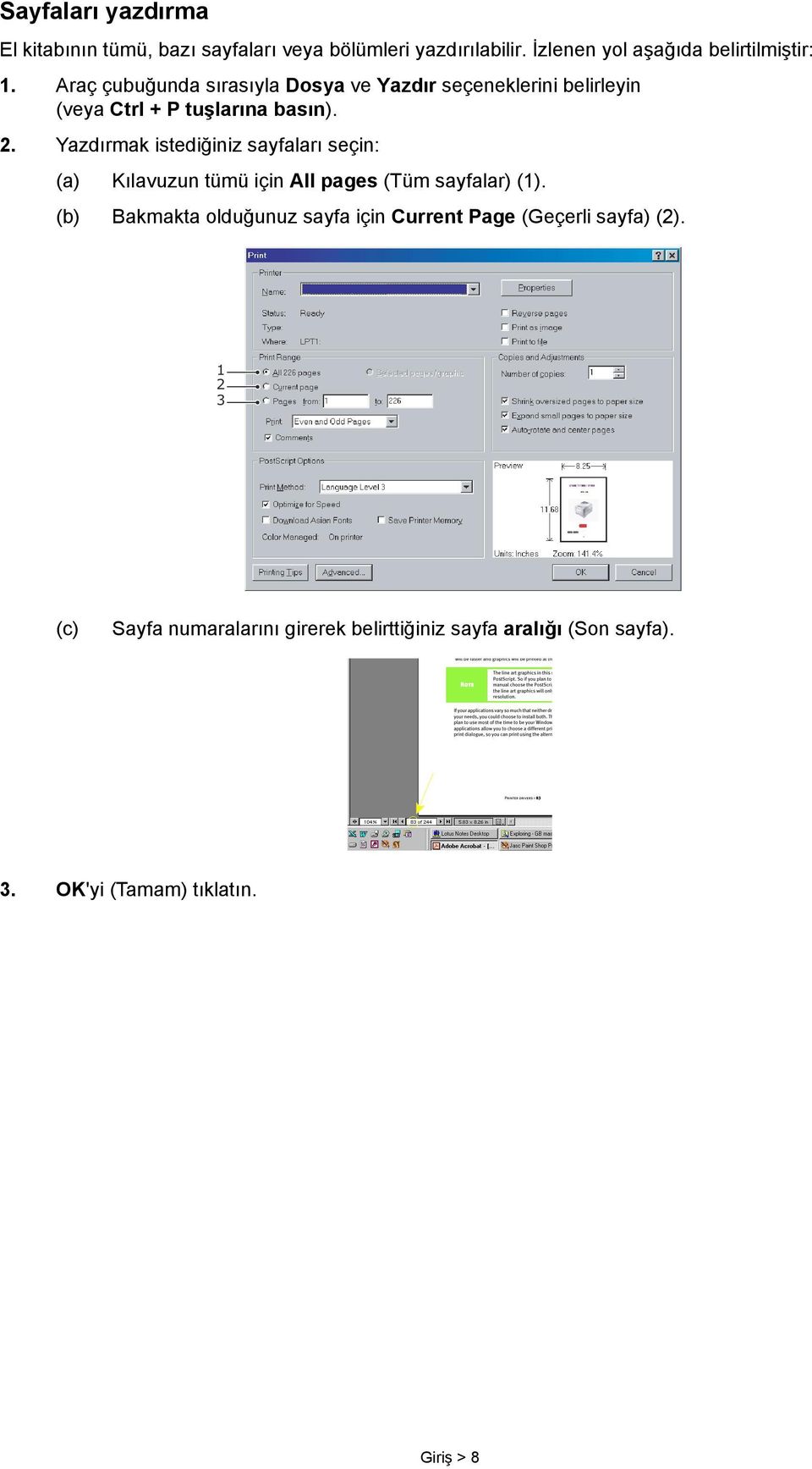 Yazdırmak istediğiniz sayfaları seçin: (a) Kılavuzun tümü için All pages (Tüm sayfalar) ().