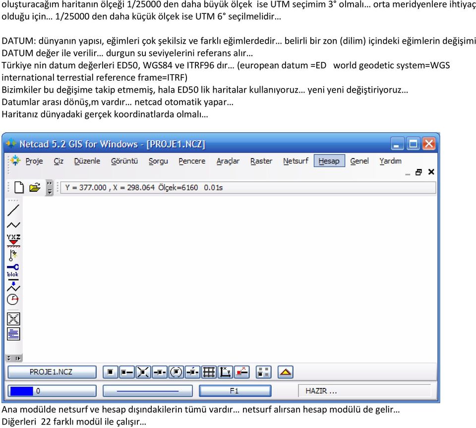 ve ITRF96 dır (european datum =ED world geodetic system=wgs international terrestial reference frame=itrf) Bizimkiler bu değişime takip etmemiş, hala ED50 lik haritalar kullanıyoruz yeni yeni