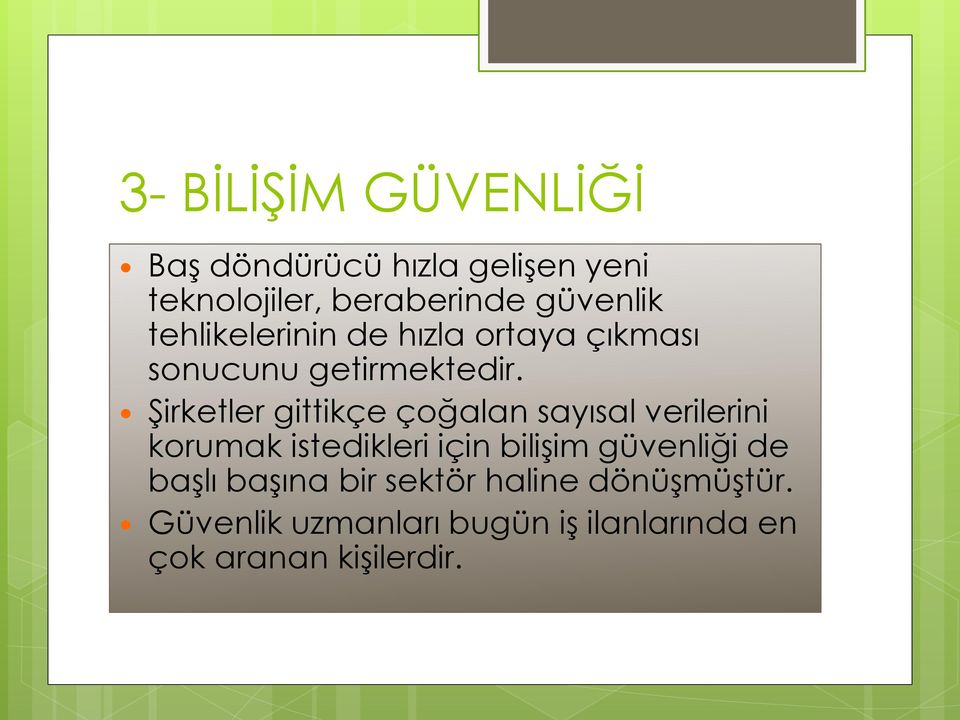 Şirketler gittikçe çoğalan sayısal verilerini korumak istedikleri için bilişim güvenliği