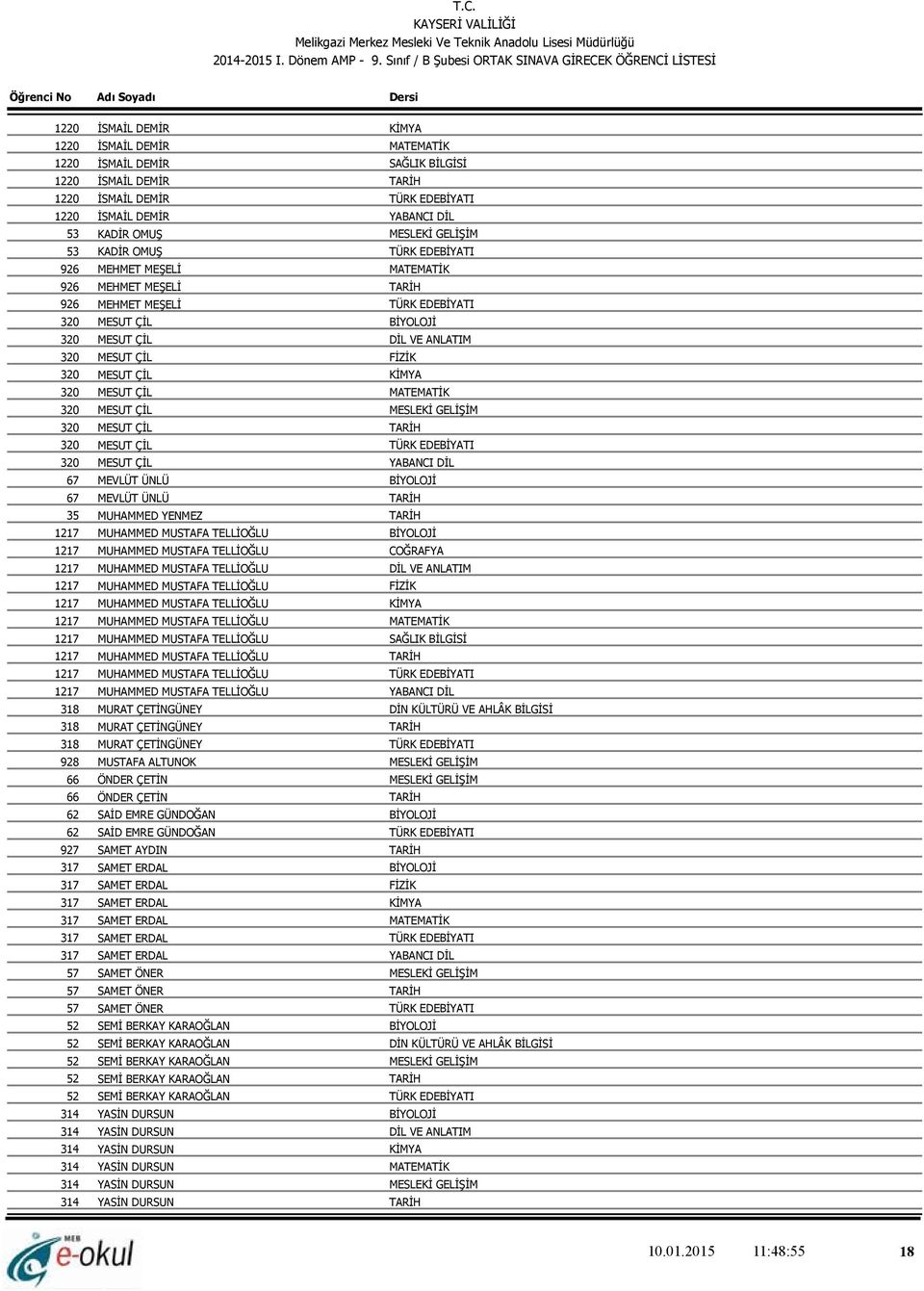 1220 İSMAİL DEMİR YABANCI DİL 53 KADİR OMUŞ MESLEKİ GELİŞİM 53 KADİR OMUŞ TÜRK EDEBİYATI 926 MEHMET MEŞELİ MATEMATİK 926 MEHMET MEŞELİ TARİH 926 MEHMET MEŞELİ TÜRK EDEBİYATI 320 MESUT ÇİL BİYOLOJİ