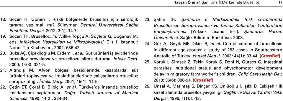 2: 636-42. 20. Büke AÇ, Çiçeklioğlu M, Erdem İ, et al. Süt ürünleri işleyicilerinde bruselloz prevalansı ve brusellozu bilme durumu. İnfeks Derg. 2000; 14(3): 321-5. 21. Altındiş M.