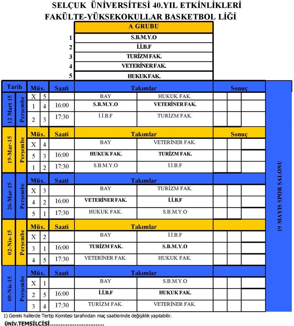 19-Mar-15 26-Mar-15 02-Nis-15 09-Nis-15 Sonuç X 4 VETERİNER FAK. 5 3 16:00 HUKUK FAK. TURİZM FAK. 1 2 17:30 S.B.M.Y.O İ.İ.B.F X 3 TURİZM FAK.