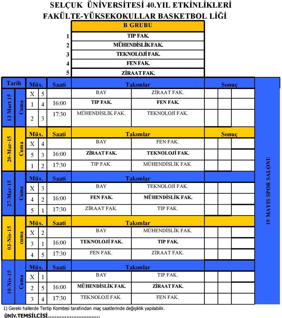 20-Mar-15 27-Mar-15 03-Nis-15 cuma 10-Nis-15 Sonuç X 4 FEN FAK. 5 3 16:00 ZİRAAT FAK. TEKNOLOJİ FAK. 1 2 17:30 TIP FAK. MÜHENDİSLİK FAK. X 3 TEKNOLOJİ FAK.