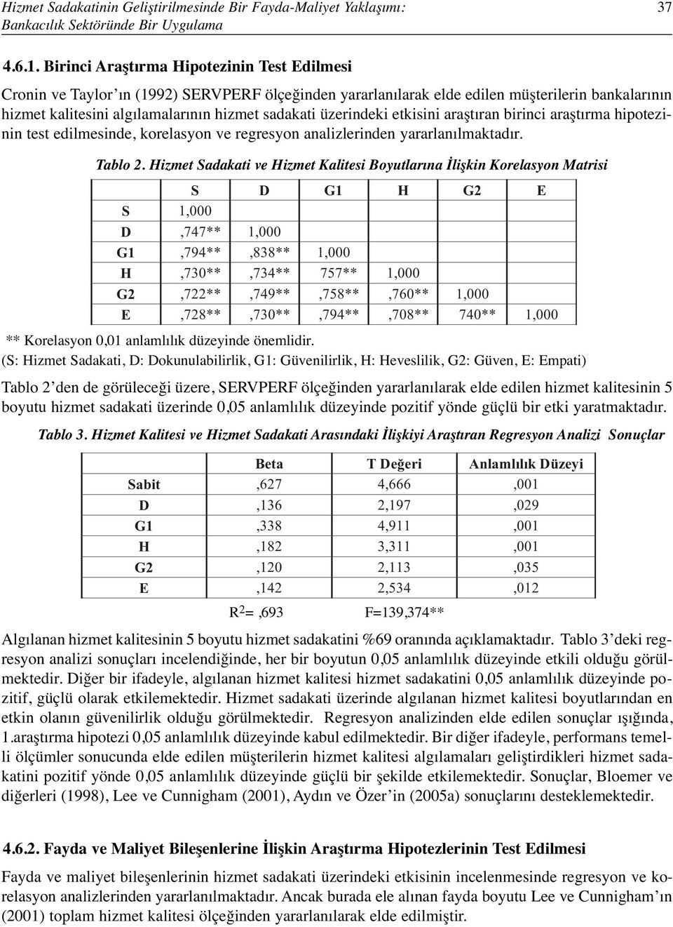 üzerindeki etkisini araştıran birinci araştırma hipotezinin test edilmesinde, korelasyon ve regresyon analizlerinden yararlanılmaktadır. Tablo 2.