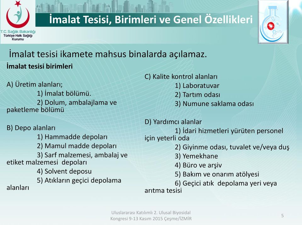 Solvent deposu 5) Atıkların geçici depolama alanları C) Kalite kontrol alanları 1) Laboratuvar 2) Tartım odası 3) Numune saklama odası D) Yardımcı alanlar 1) İdari