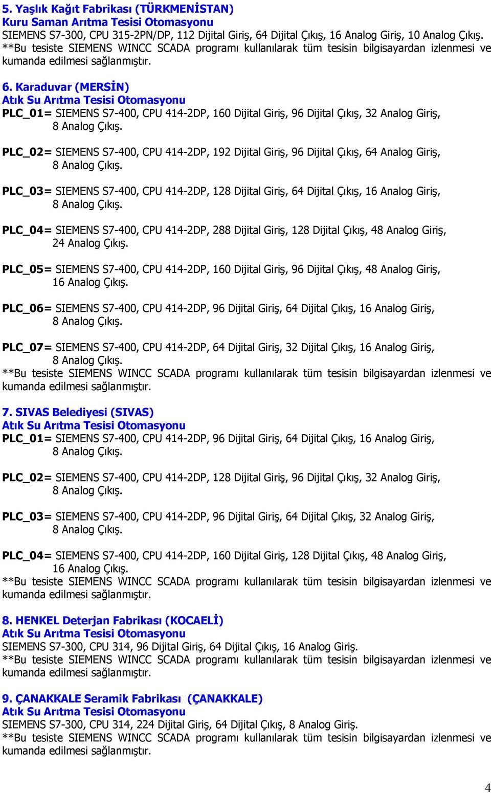 Karaduvar (MERSİN) PLC_01= SIEMENS S7-400, CPU 414-2DP, 160 Dijital Giriş, 96 Dijital Çıkış, 32 Analog Giriş, PLC_02= SIEMENS S7-400, CPU 414-2DP, 192 Dijital Giriş, 96 Dijital Çıkış, 64 Analog