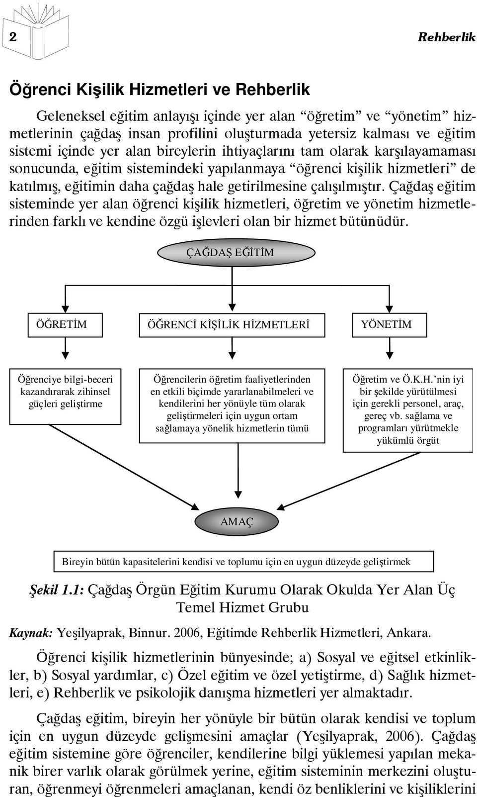 çalışılmıştır. Çağdaş eğitim sisteminde yer alan öğrenci kişilik hizmetleri, öğretim ve yönetim hizmetlerinden farklı ve kendine özgü işlevleri olan bir hizmet bütünüdür.