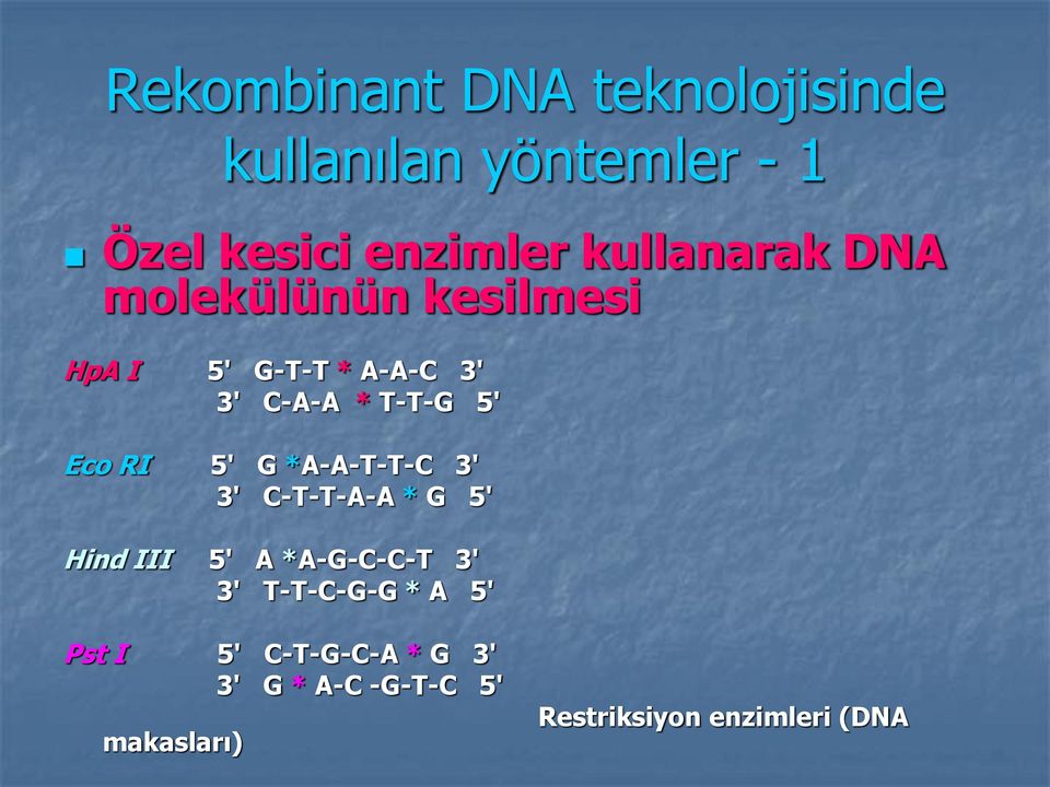 Eco RI 5' G *A-A-T-T-C 3' 3' C-T-T-A-A * G 5' Hind III 5' A *A-G-C-C-T 3' 3'