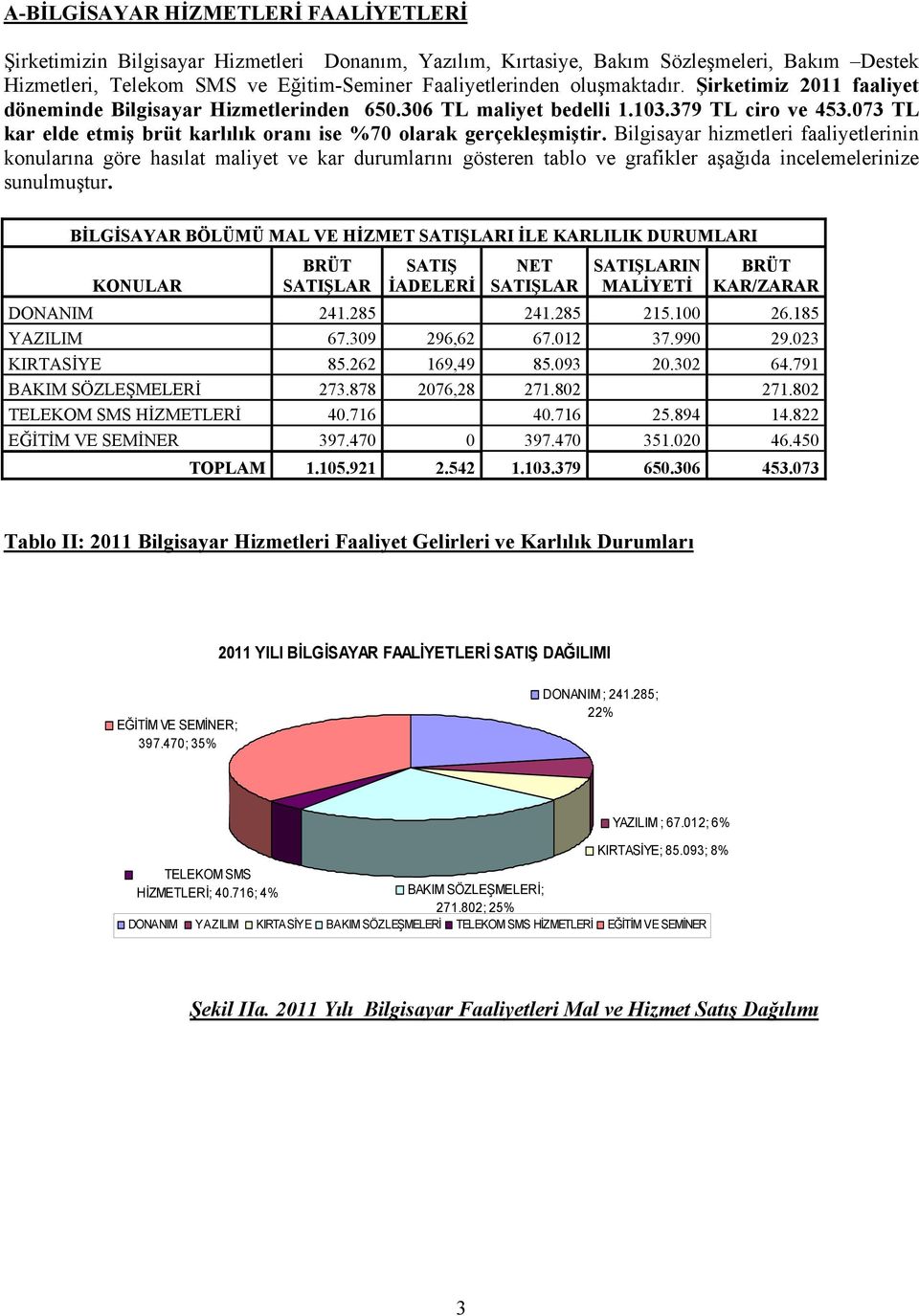 Bilgisayar hizmetleri faaliyetlerinin konularına göre hasılat maliyet ve kar durumlarını gösteren tablo ve grafikler aşağıda incelemelerinize sunulmuştur.