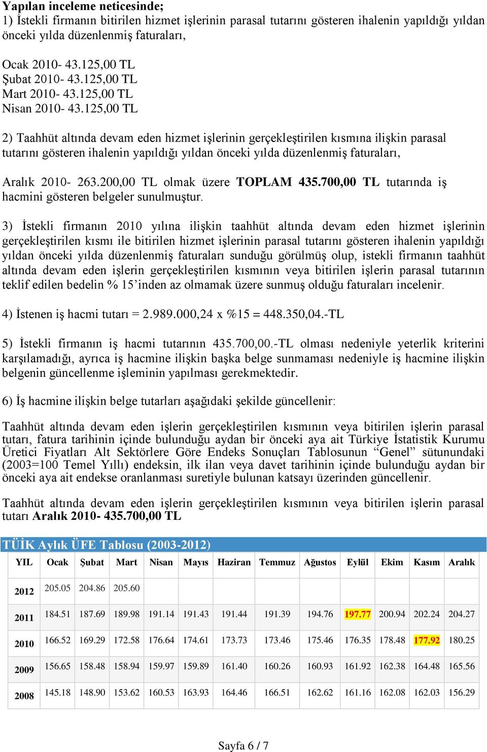 125,00 TL 2) Taahhüt altında devam eden hizmet işlerinin gerçekleştirilen kısmına ilişkin parasal tutarını gösteren ihalenin yapıldığı yıldan önceki yılda düzenlenmiş faturaları, Aralık 2010-263.