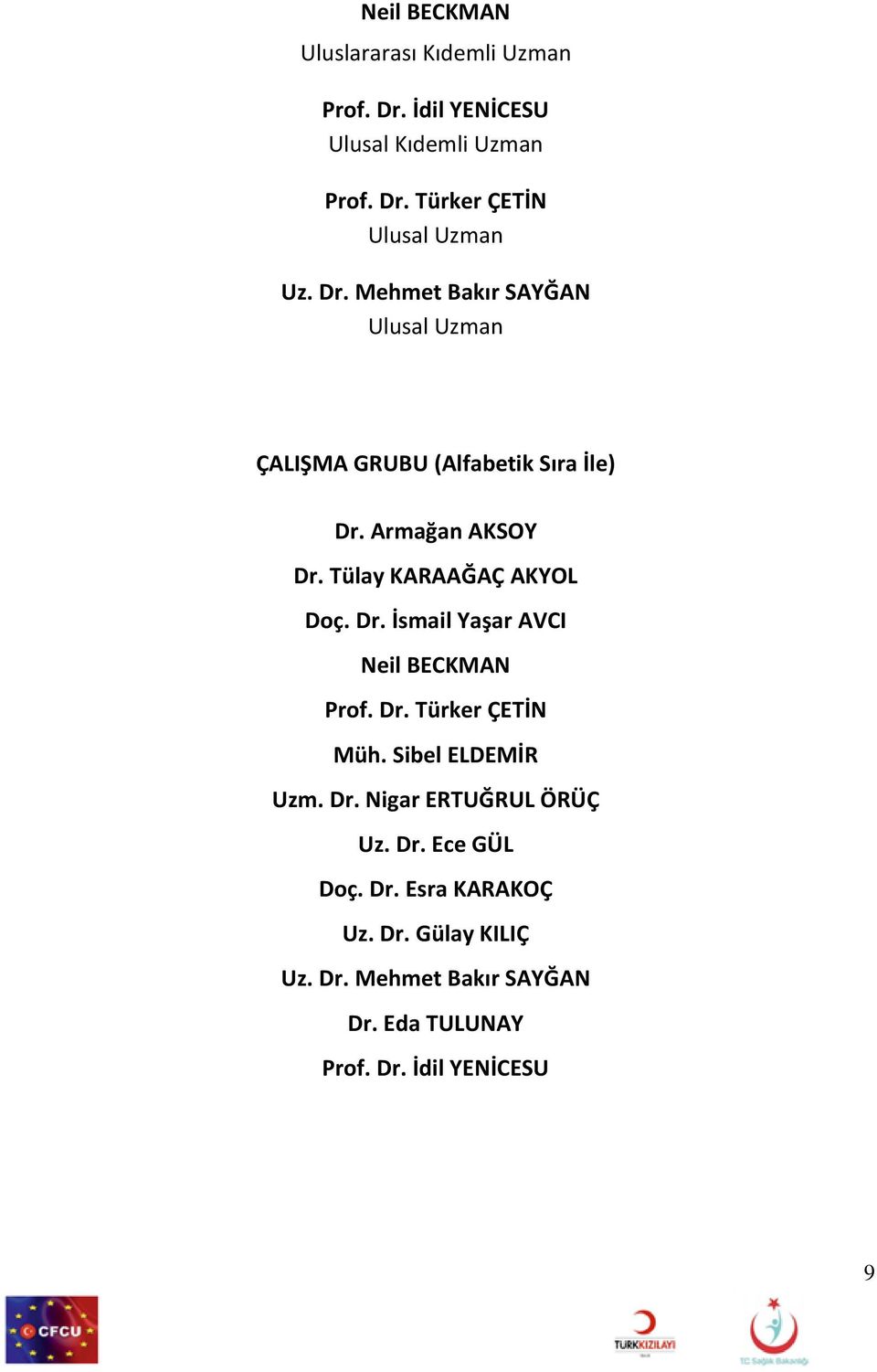 Dr. İsmail Yaşar AVCI Neil BECKMAN Prof. Dr. Türker ÇETİN Müh. Sibel ELDEMİR Uzm. Dr. Nigar ERTUĞRUL ÖRÜÇ Uz. Dr. Ece GÜL Doç.