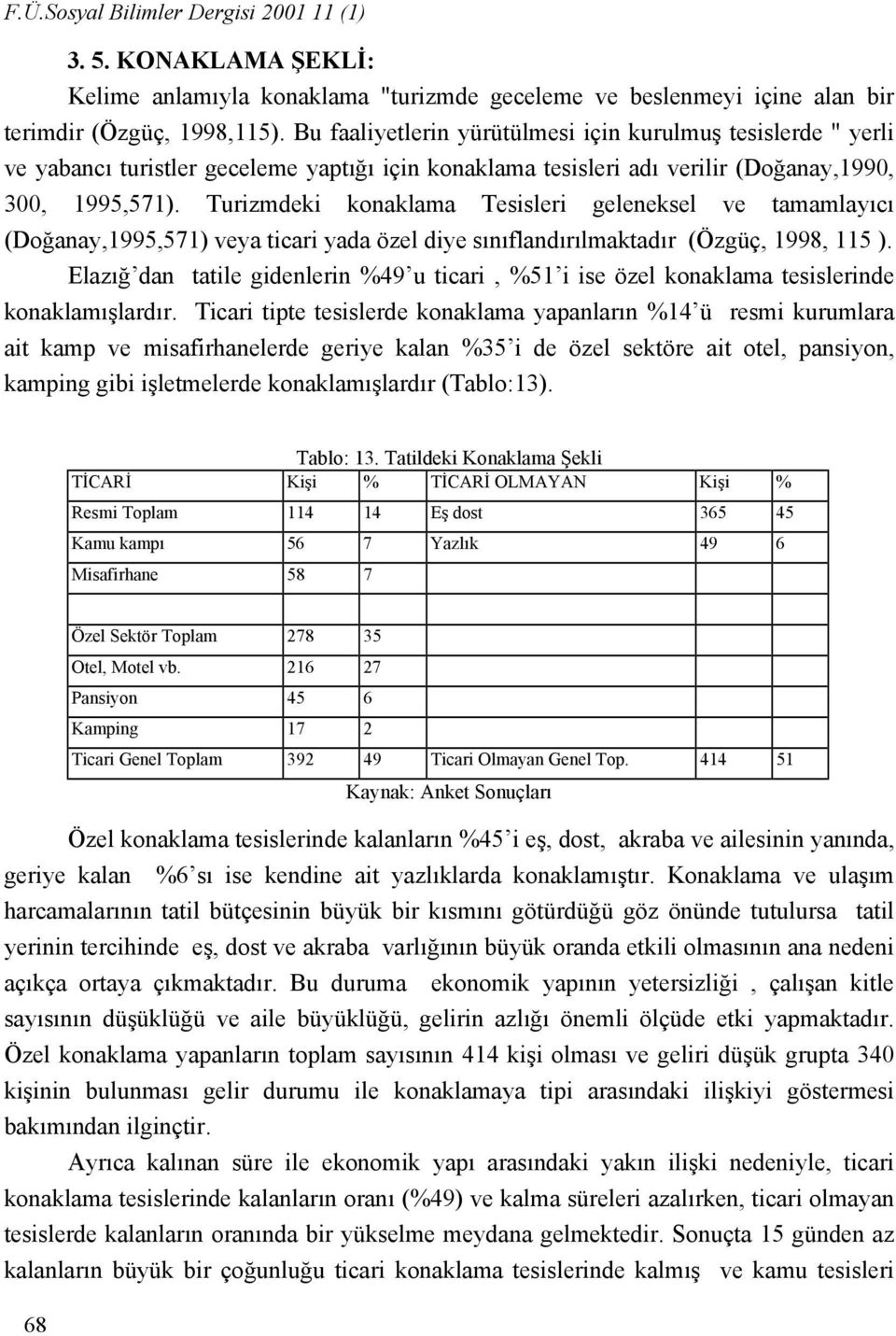 Turizmdeki konaklama Tesisleri geleneksel ve tamamlayıcı (Doğanay,1995,571) veya ticari yada özel diye sınıflandırılmaktadır (Özgüç, 1998, 115 ).