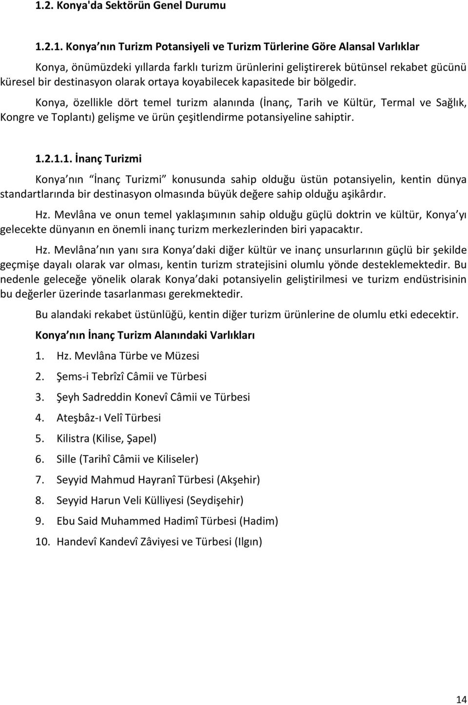 Konya, özellikle dört temel turizm alanında (İnanç, Tarih ve Kültür, Termal ve Sağlık, Kongre ve Toplantı) gelişme ve ürün çeşitlendirme potansiyeline sahiptir. 1.