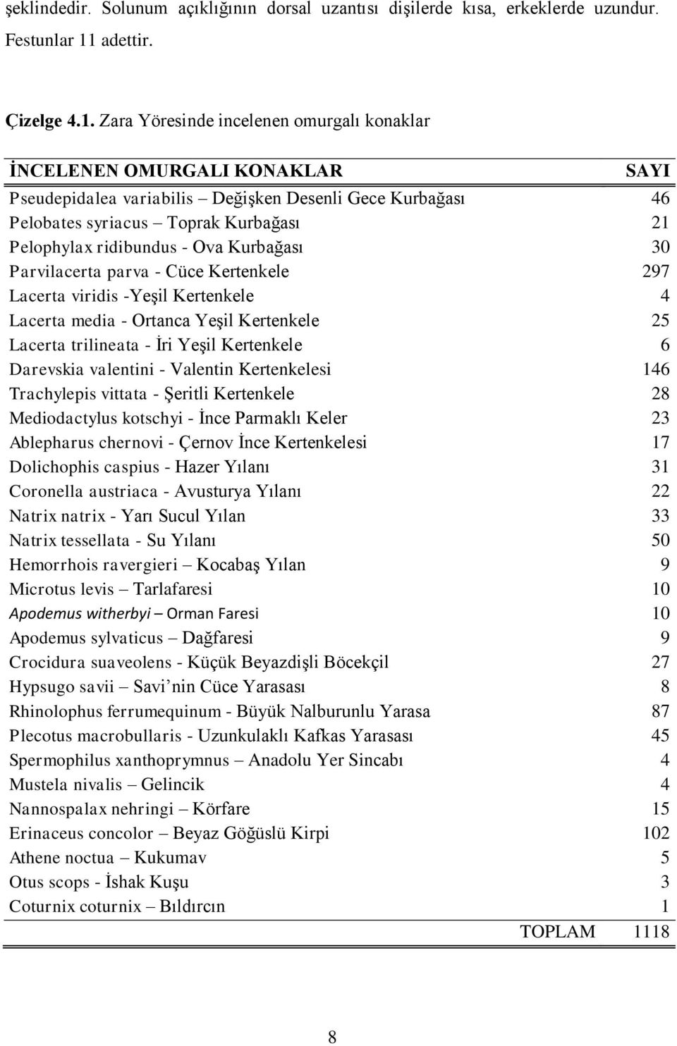 Zara Yöresinde incelenen omurgalı konaklar İNCELENEN OMURGALI KONAKLAR SAYI Pseudepidalea variabilis Değişken Desenli Gece Kurbağası 46 Pelobates syriacus Toprak Kurbağası 21 Pelophylax ridibundus -