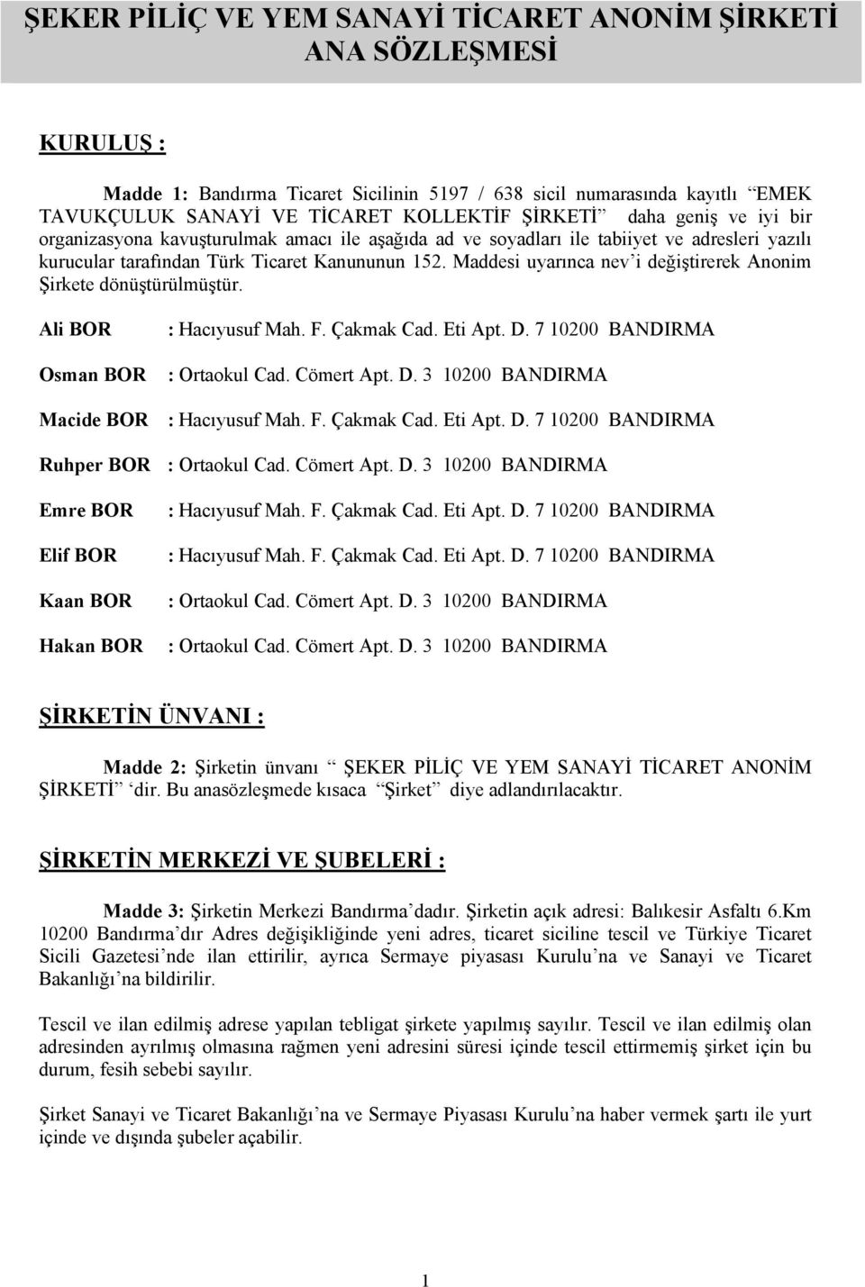 Maddesi uyarınca nev i değiştirerek Anonim Şirkete dönüştürülmüştür. Ali BOR Osman BOR : Hacıyusuf Mah. F. Çakmak Cad. Eti Apt. D. 7 10200 BANDIRMA : Ortaokul Cad. Cömert Apt. D. 3 10200 BANDIRMA Macide BOR : Hacıyusuf Mah.