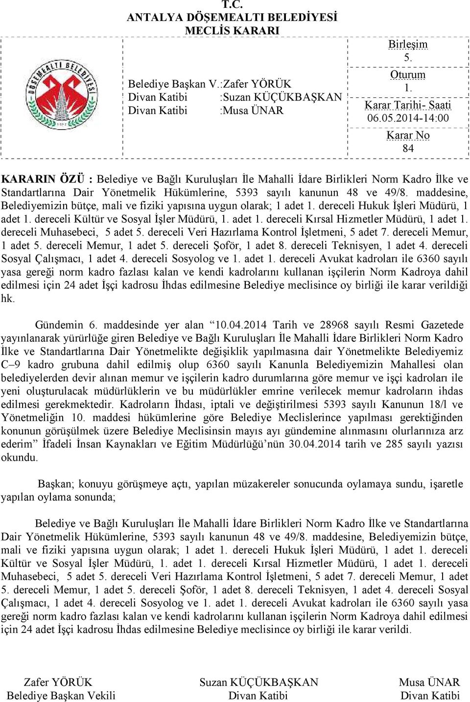 dereceli Muhasebeci, 5 adet dereceli Veri Hazırlama Kontrol İşletmeni, 5 adet 7. dereceli Memur, 1 adet dereceli Memur, 1 adet dereceli Şoför, 1 adet 8. dereceli Teknisyen, 1 adet 4.