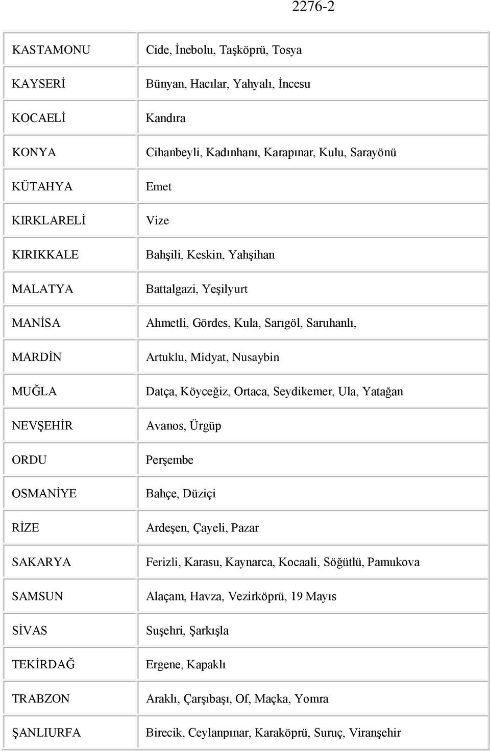 Gördes, Kula, Sarıgöl, Saruhanlı, Artuklu, Midyat, Nusaybin Datça, Köyceğiz, Ortaca, Seydikemer, Ula, Yatağan Avanos, Ürgüp Perşembe Bahçe, Düziçi Ardeşen, Çayeli, Pazar Ferizli,