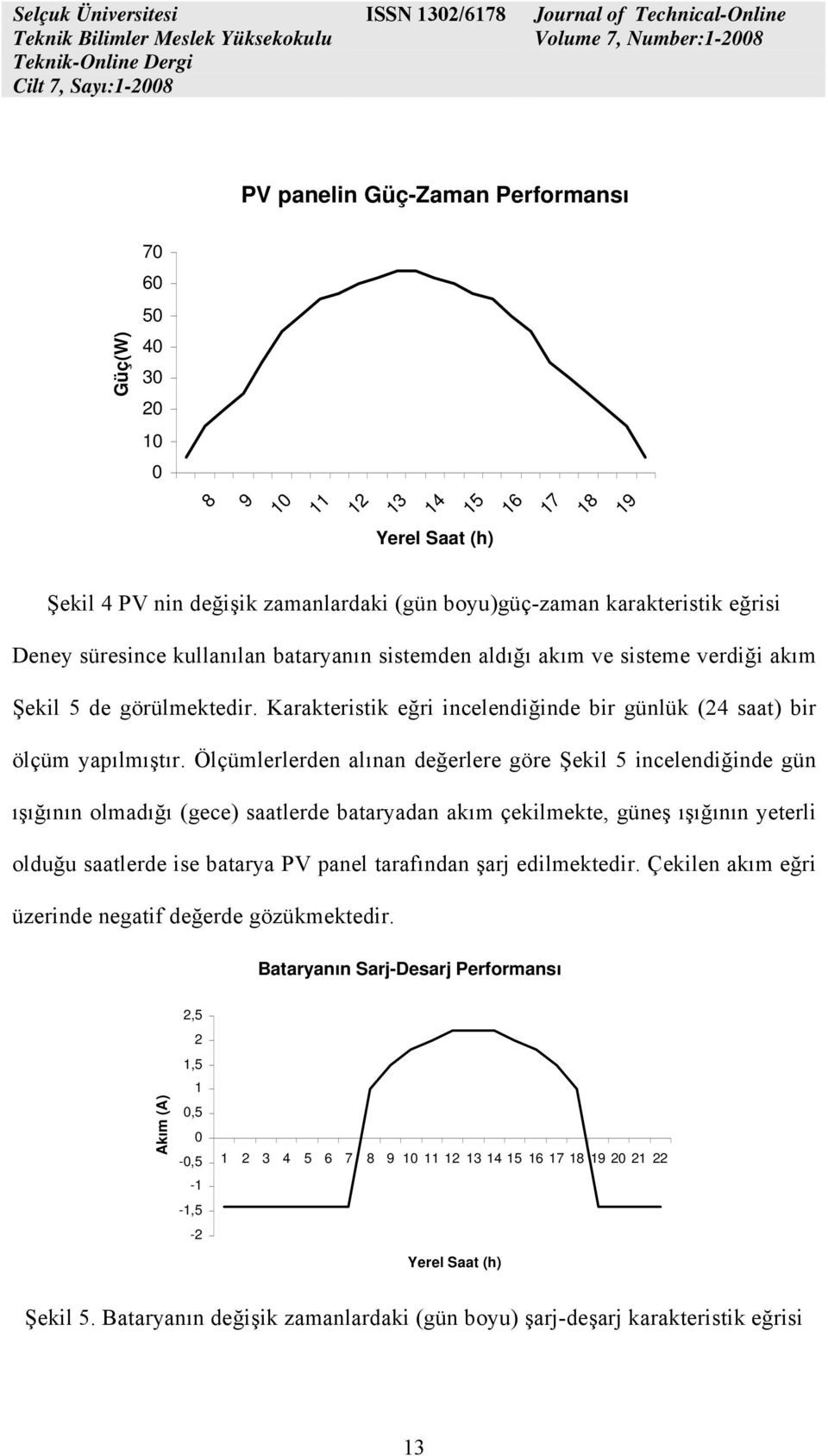 Ölçümlerlerden alınan değerlere göre Şekil 5 incelendiğinde gün ışığının olmadığı (gece) saatlerde bataryadan akım çekilmekte, güneş ışığının yeterli olduğu saatlerde ise batarya PV panel tarafından