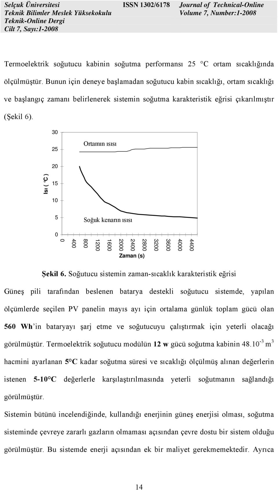 30 25 Ortamın ısısı 20 Isı ( C ) 15 10 5 Soğuk kenarın ısısı 0 4400 4000 3600 3200 2800 2400 2000 1600 1200 800 400 0 Zaman (s) Şekil 6.