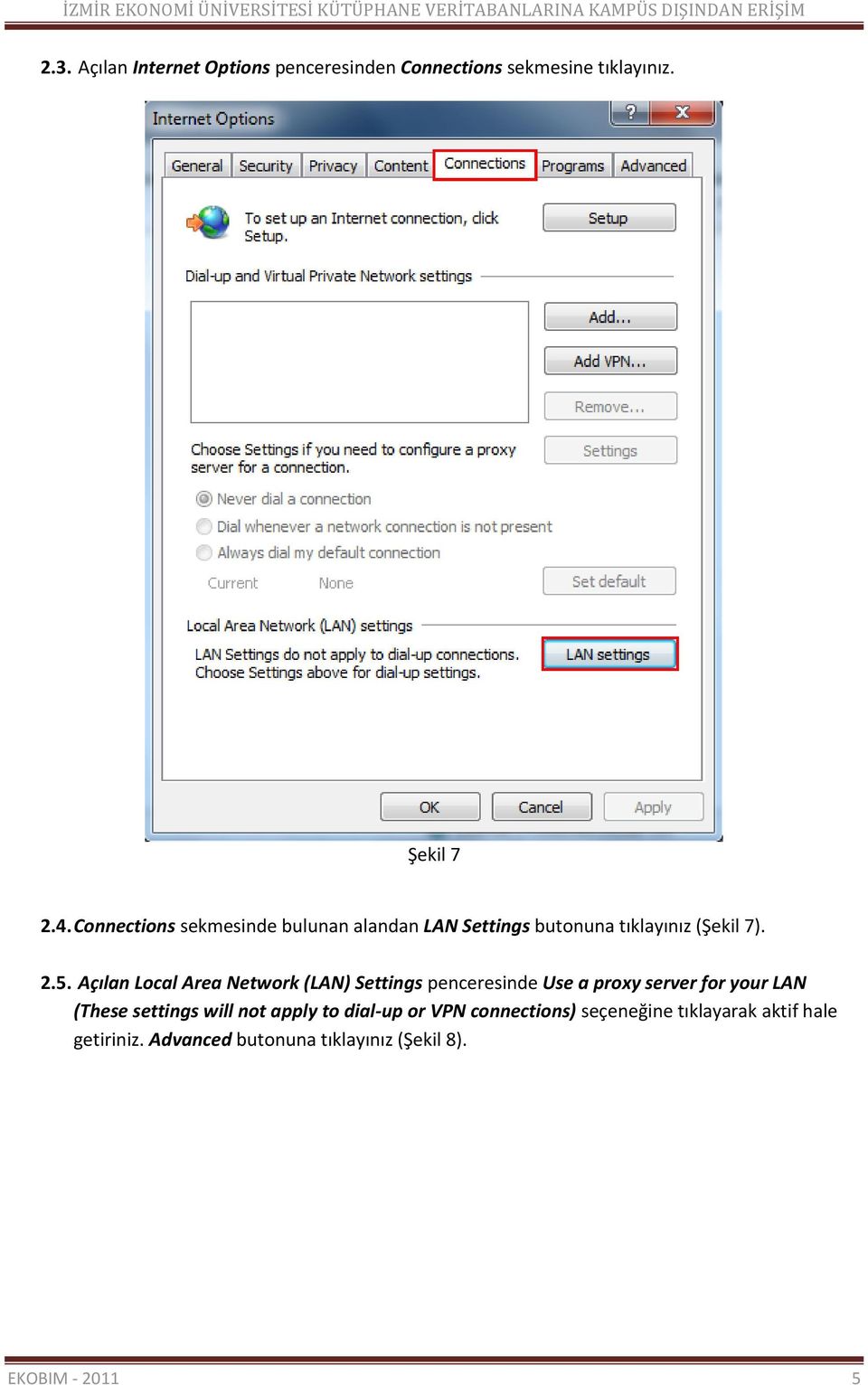 Açılan Local Area Network (LAN) Settings penceresinde Use a proxy server for your LAN (These settings will