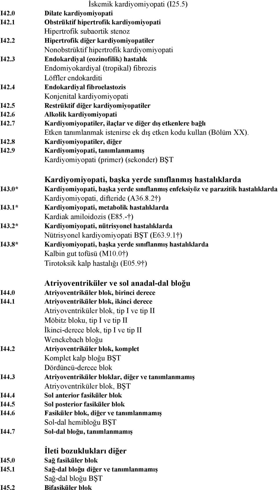 4 Endokardiyal fibroelastozis Konjenital kardiyomiyopati I42.5 Restrüktif diğer kardiyomiyopatiler I42.6 Alkolik kardiyomiyopati I42.