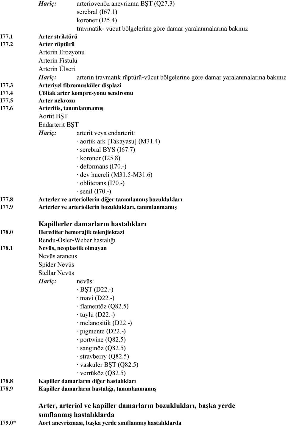 4 Çöliak arter kompresyonu sendromu I77.5 Arter nekrozu I77.6 Arteritis, tanımlanmamış Aortit BŞT Endarterit BŞT Hariç: arterit veya endarterit: aortik ark [Takayasu] (M31.4) serebral BYS (I67.