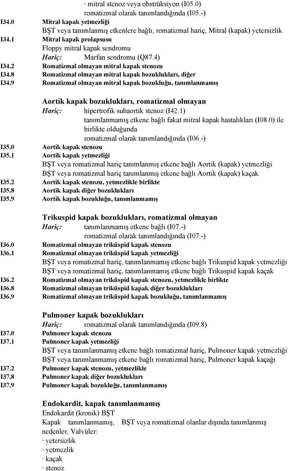 9 Romatizmal olmayan mitral kapak bozukluğu, tanımlanmamış I35 Aortik kapak bozuklukları, romatizmal olmayan Hariç: hipertrofik subaortik stenoz (I42.