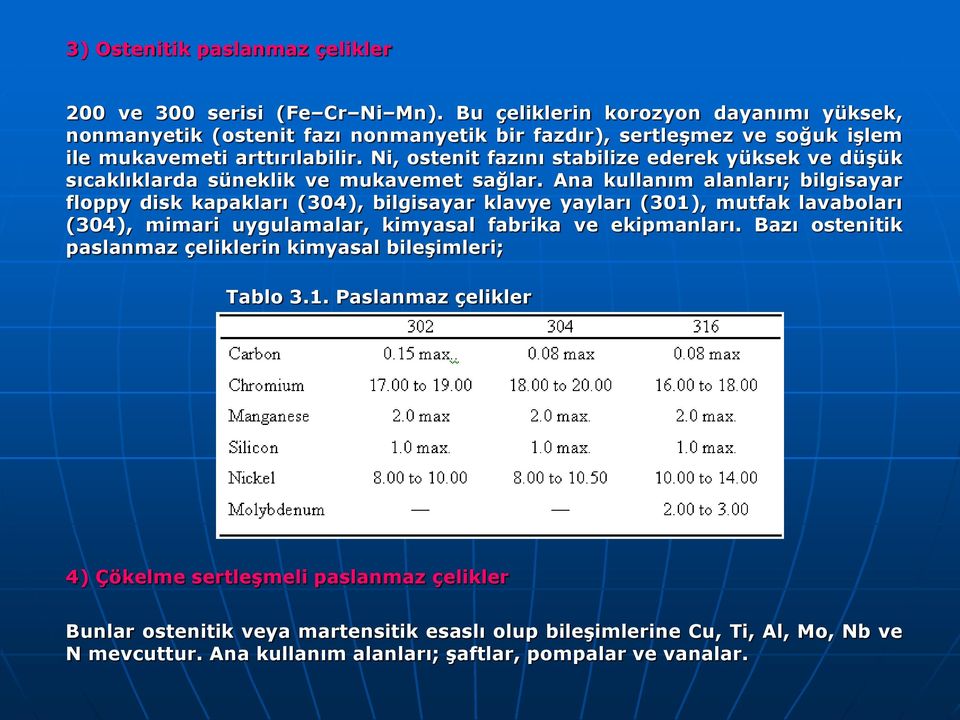 Ni, ostenit fazını stabilize ederek yüksek ve düşük sıcaklıklarda süneklik ve mukavemet sağlar.