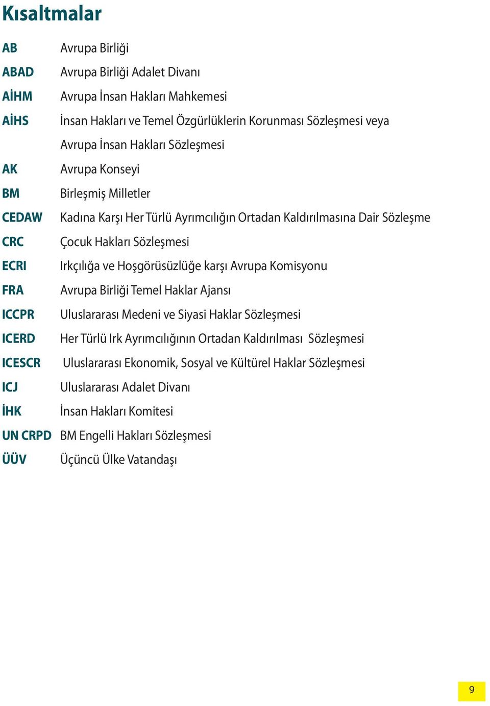 Hoşgörüsüzlüğe karşı Avrupa Komisyonu FRA Avrupa Birliği Temel Haklar Ajansı ICCPR Uluslararası Medeni ve Siyasi Haklar Sözleşmesi ICERD Her Türlü Irk Ayrımcılığının Ortadan Kaldırılması