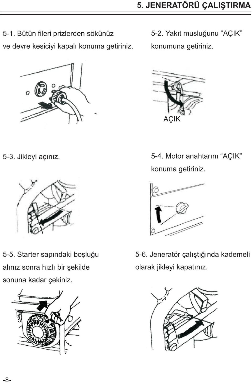 Yakıt musluğunu AÇIK konumuna getiriniz. AÇIK 5-3. Jikleyi açınız. 5-4.