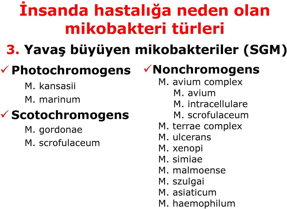 marinum Scotochromogens M. gordonae M. scrofulaceum Nonchromogens M. avium complex M.