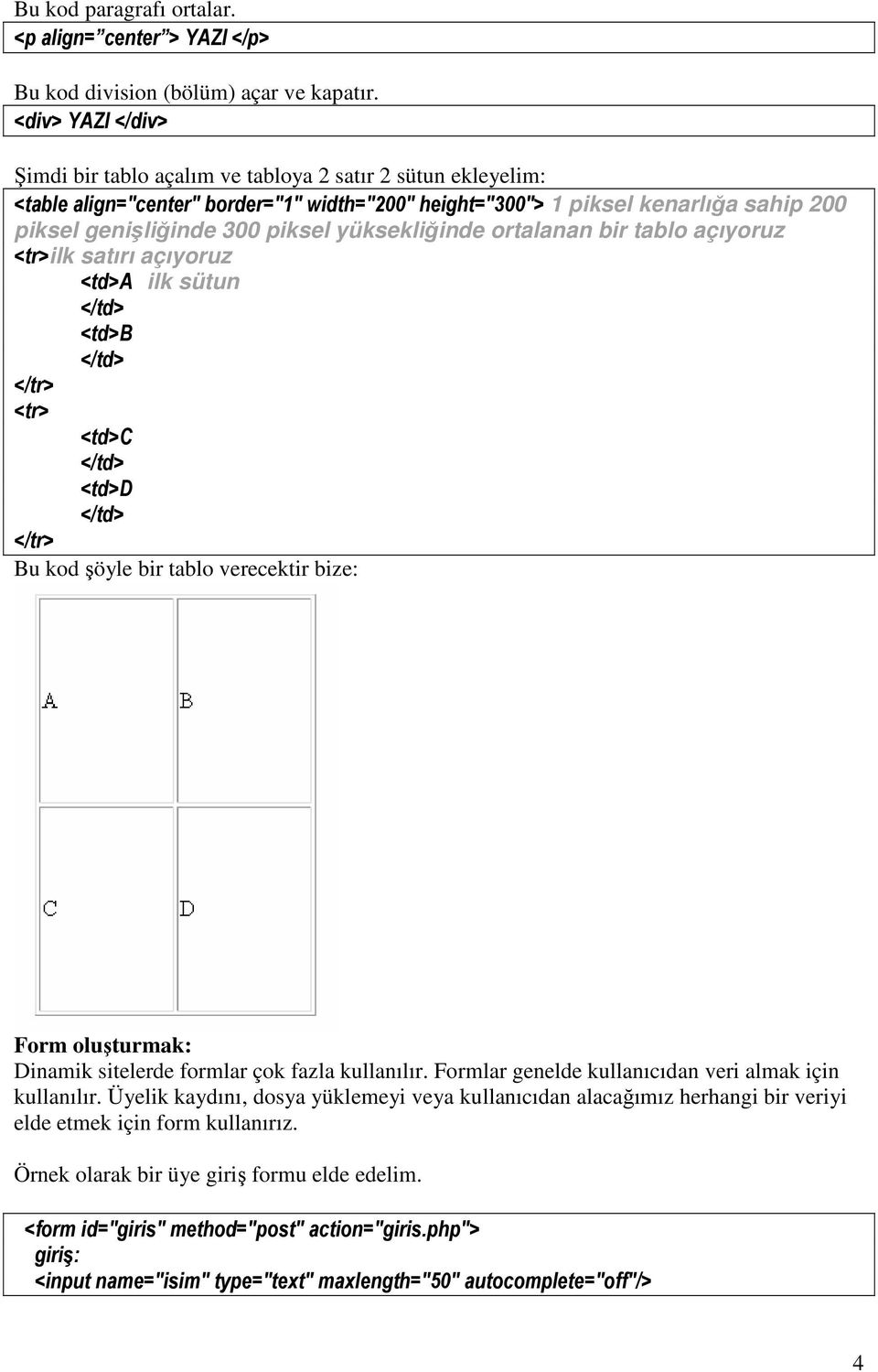yüksekliğinde ortalanan bir tablo açıyoruz <tr>ilk satırı açıyoruz <td>a ilk sütun </td> <td>b </td> </tr> <tr> <td>c </td> <td>d </td> </tr> Bu kod şöyle bir tablo verecektir bize: Form oluşturmak: