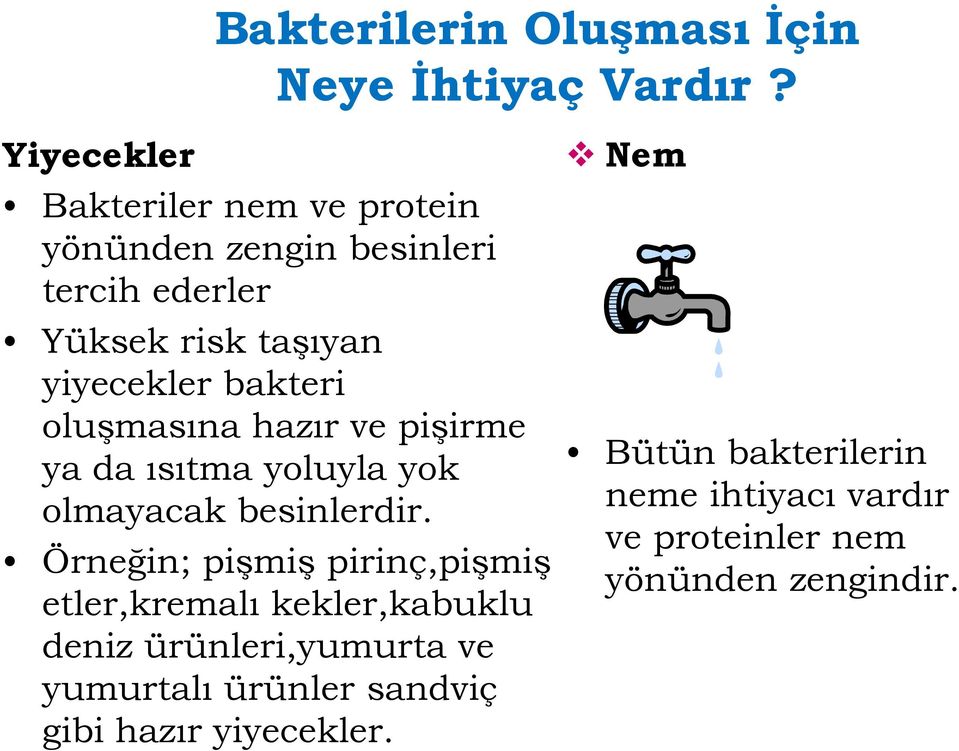 bakteri oluşmasına hazır ve pişirme ya da ısıtma yoluyla yok olmayacak besinlerdir.