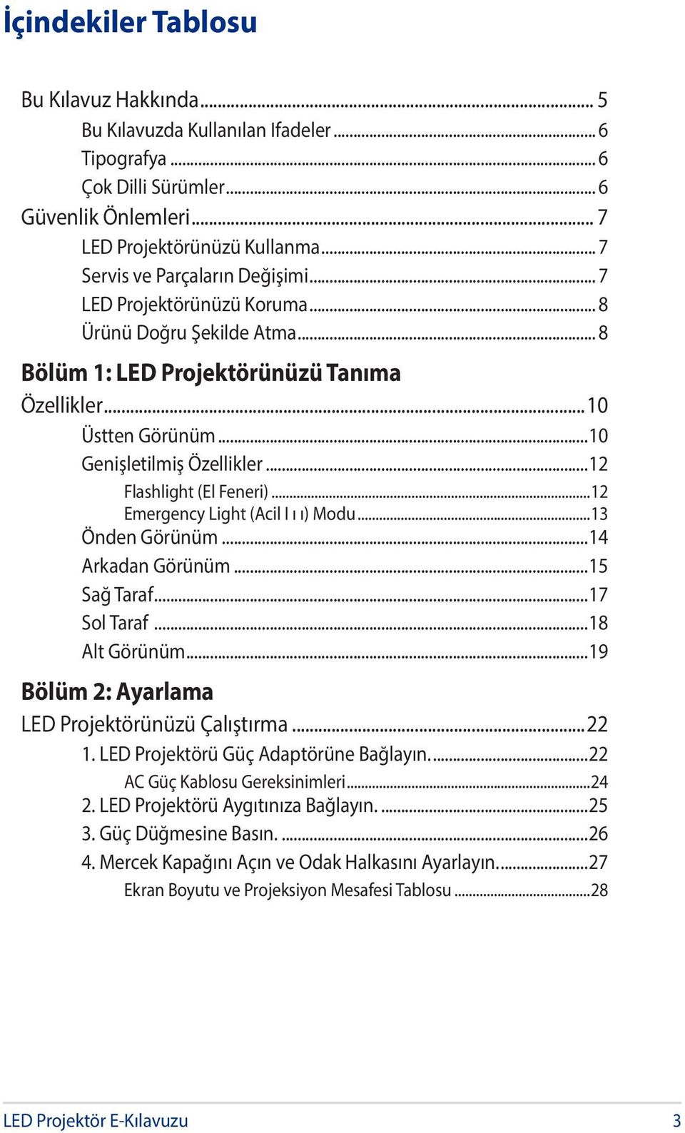 ..12 Flashlight (El Feneri)...12 Emergency Light (Acil Işığı) Modu...13 Önden Görünüm...14 Arkadan Görünüm...15 Sağ Taraf...17 Sol Taraf...18 Alt Görünüm.