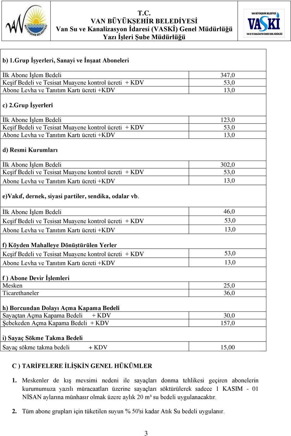 İlk Abone İşlem Bedeli 46,0 f) Köyden Mahalleye Dönüştürülen Yerler f ) Abone Devir İşlemleri Mesken 25,0 Ticarethaneler 36,0 h) Borcundan Dolayı Açma Kapama Bedeli Sayaçtan Açma Kapama Bedeli + KDV