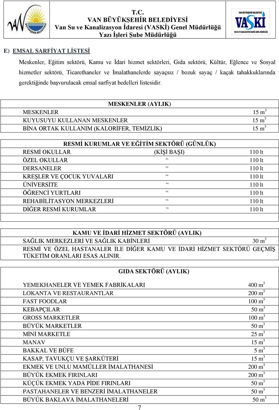 gerektiğinde başvurulacak emsal sarfiyat bedelleri listesidir.