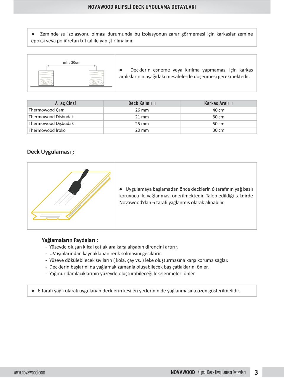 A aç Cinsi Deck Kalınlı ı Karkas Aralı ı Thermowood Çam 26 mm 40 cm Thermowood Dişbudak 21 mm 30 cm Thermowood Dişbudak 25 mm 50 cm Thermowood İroko 20 mm 30 cm Deck Uygulaması ; Uygulamaya
