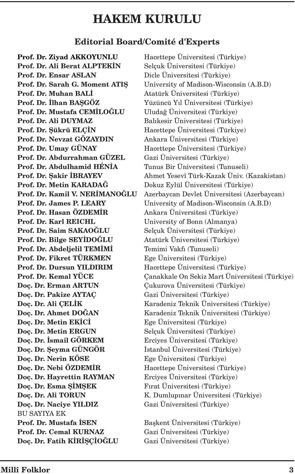 Dr. Metin KARADA Prof. Dr. Kamil V. NER MANO LU Prof. Dr. James P. LEARY Prof. Dr. Hasan ÖZDEM R Prof. Dr. Karl REICHL Prof. Dr. Saim SAKAO LU Prof. Dr. Bilge SEY DO LU Prof. Dr. Abdeljelil TEM M Prof.