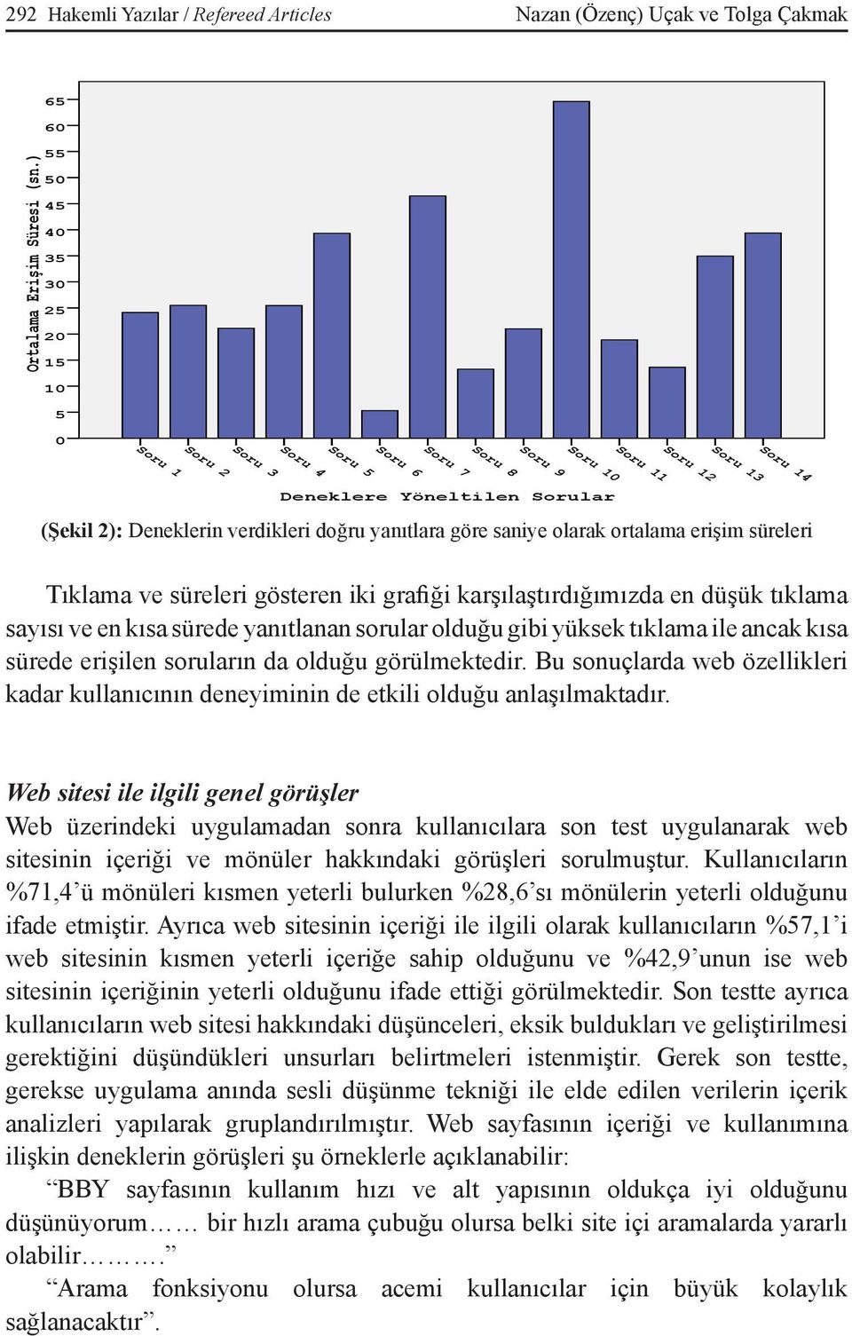 verdikleri doğru yanıtlara göre saniye olarak ortalama erişim süreleri Tıklama ve süreleri gösteren iki grafiği karşılaştırdığımızda en düşük tıklama sayısı ve en kısa sürede yanıtlanan sorular