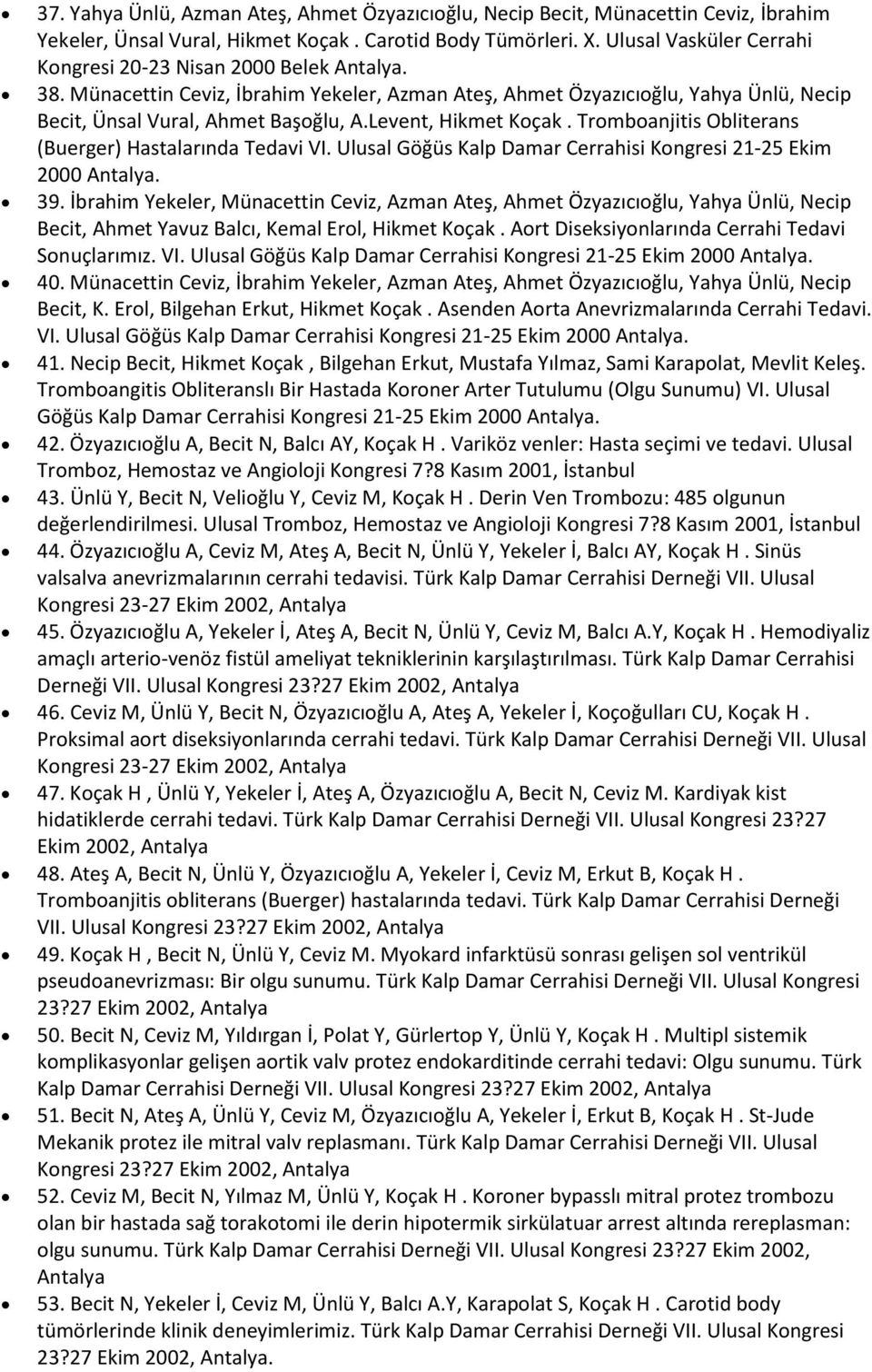 Levent, Hikmet Koçak. Tromboanjitis Obliterans (Buerger) Hastalarında Tedavi VI. Ulusal Göğüs Kalp Damar Cerrahisi Kongresi 21-25 Ekim 2000 Antalya. 39.