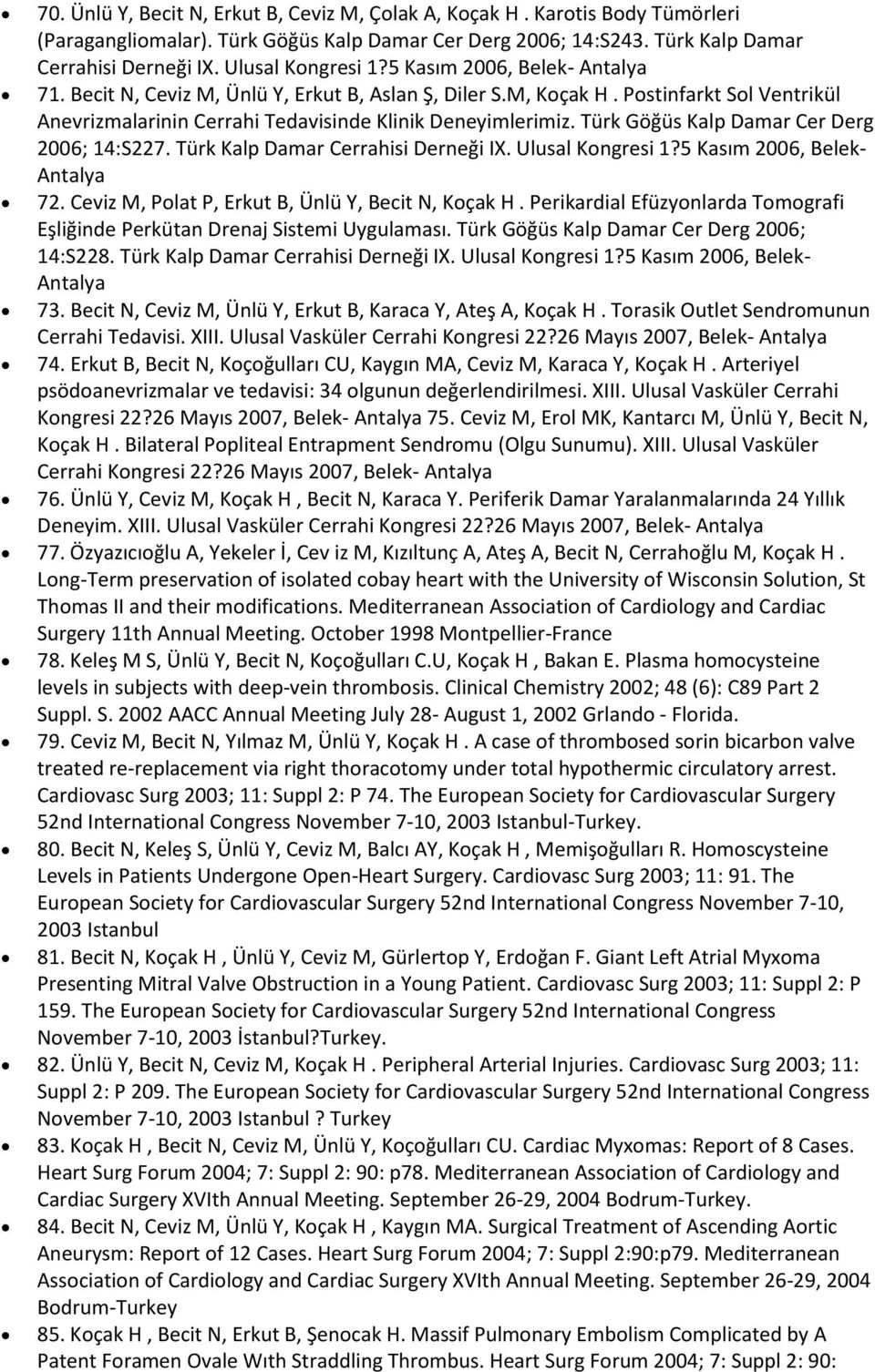 Türk Göğüs Kalp Damar Cer Derg 2006; 14:S227. Türk Kalp Damar Cerrahisi Derneği IX. Ulusal Kongresi 1?5 Kasım 2006, Belek- Antalya 72. Ceviz M, Polat P, Erkut B, Ünlü Y, Becit N, Koçak H.