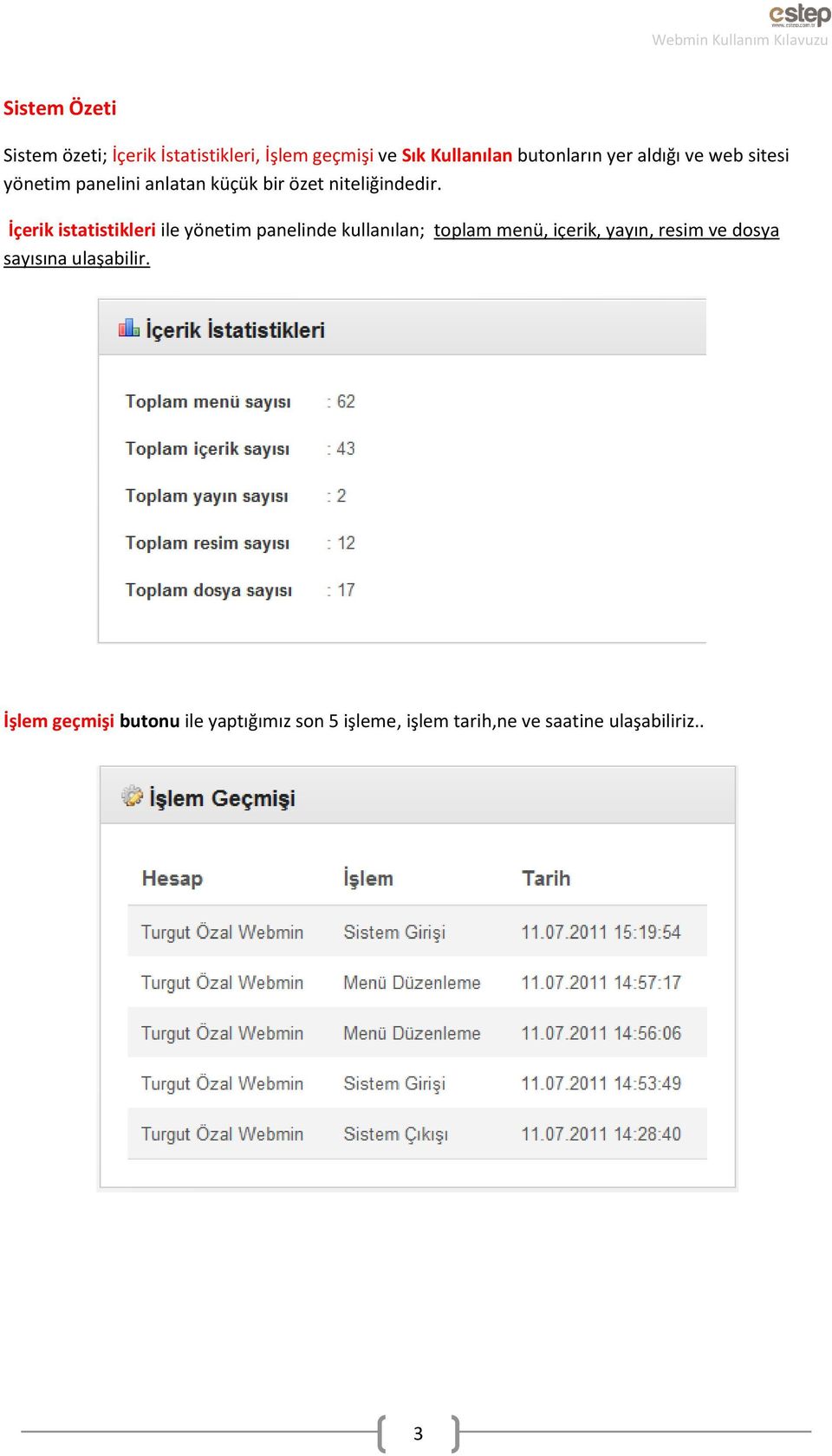 İçerik istatistikleri ile yönetim panelinde kullanılan; toplam menü, içerik, yayın, resim ve