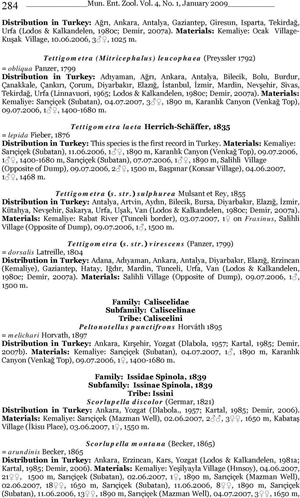 Tettigometra (Mitricephalus) leucophaea (Preyssler 1792) = obliqua Panzer, 1799 Distribution in Turkey: Adıyaman, Ağrı, Ankara, Antalya, Bilecik, Bolu, Burdur, Çanakkale, Çankırı, Çorum, Diyarbakır,