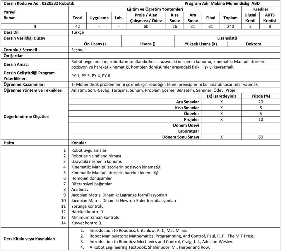 , PY., PY. - Mühendislik problemlerini çözmek için robotiğin temel prensiplerini kullanarak tasarımlar yapmak lar X 0 Kısa Sınavlar X Ödevler X Projeler X Dönem Sonu Sınavı X 0 Robot uygulamaları