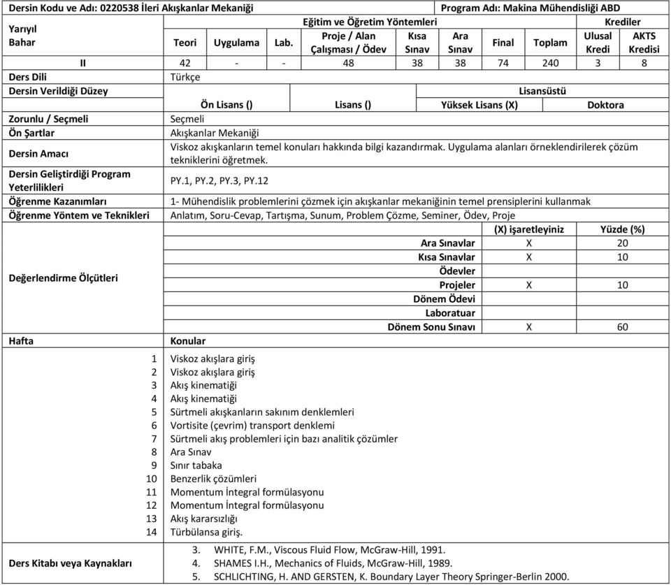 , PY., PY. - Mühendislik problemlerini çözmek için akışkanlar mekaniğinin temel prensiplerini kullanmak Öğrenme Yöntem ve Teknikleri Anlatım, Soru-Cevap, Tartışma, Sunum, Problem Çözme, Seminer,