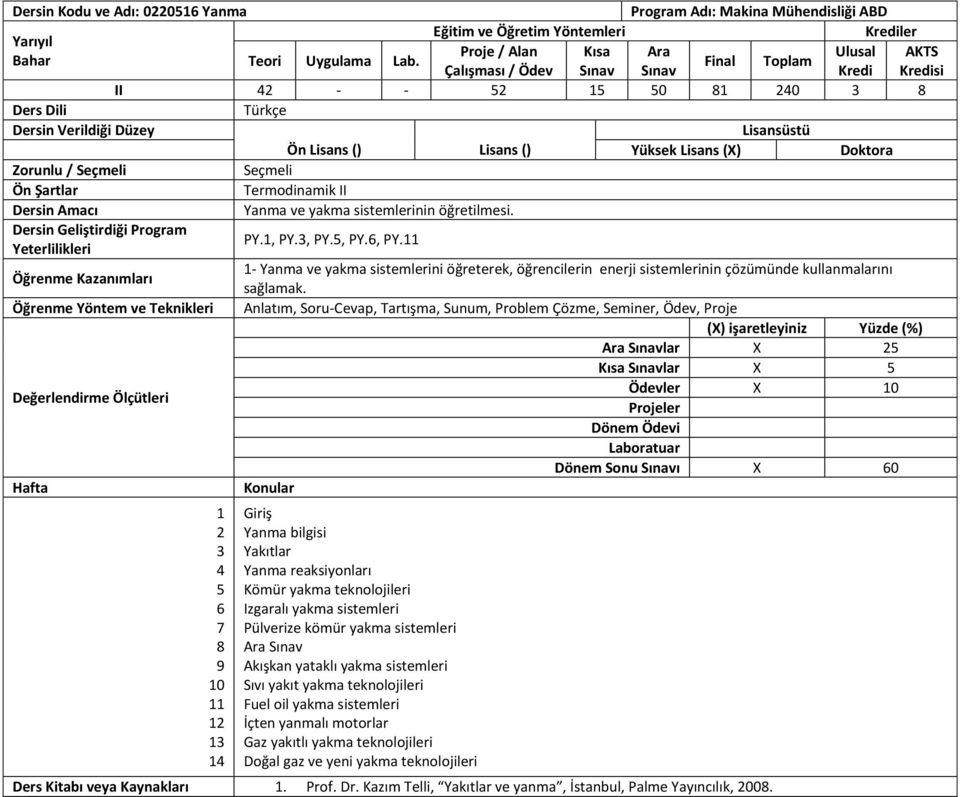 Öğrenme Yöntem ve Teknikleri Anlatım, Soru-Cevap, Tartışma, Sunum, Problem Çözme, Seminer, Ödev, Proje lar X Kısa Sınavlar X Ödevler X Projeler Dönem Sonu Sınavı X 0 Giriş Yanma bilgisi Yakıtlar