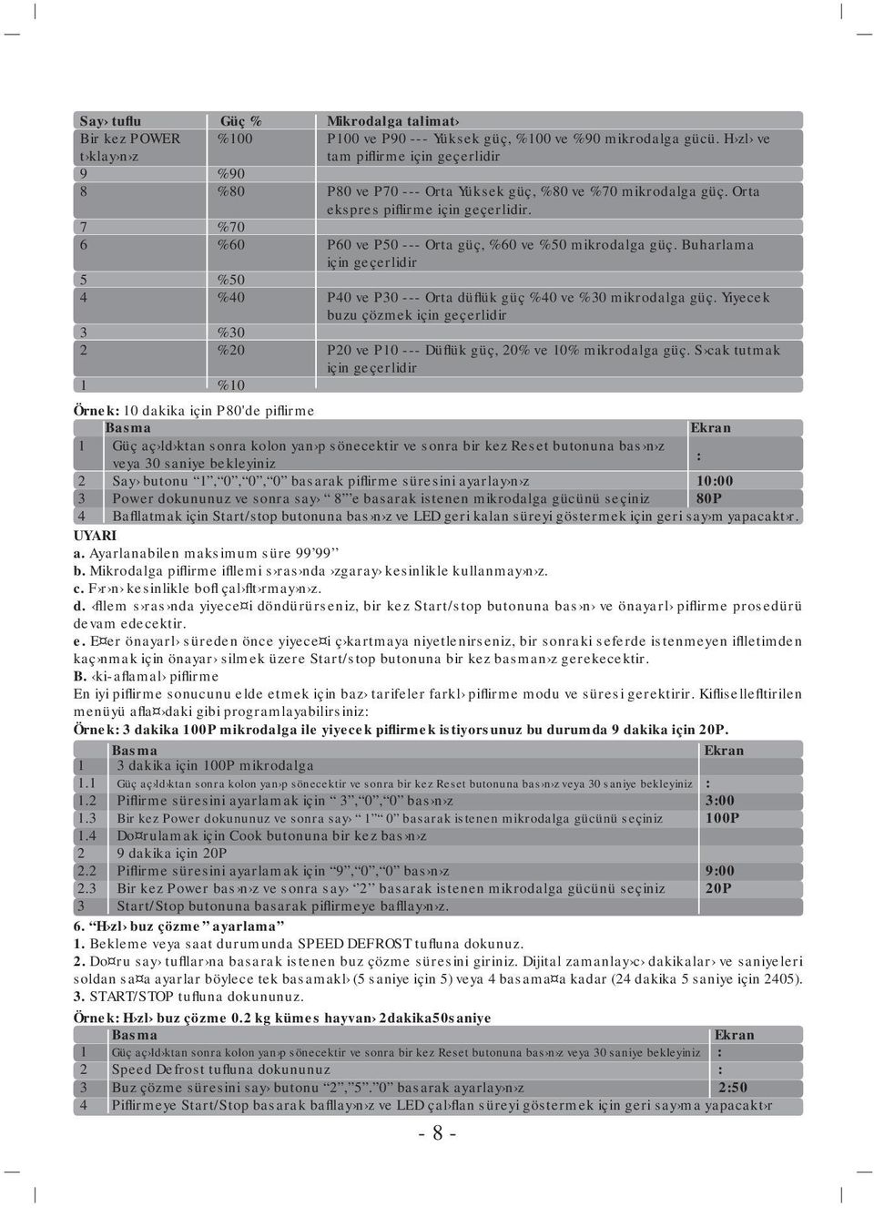 7 %70 6 %60 P60 ve P50 --- Orta güç, %60 ve %50 mikrodalga güç. Buharlama için geçerlidir 5 %50 4 %40 P40 ve P30 --- Orta düflük güç %40 ve %30 mikrodalga güç.